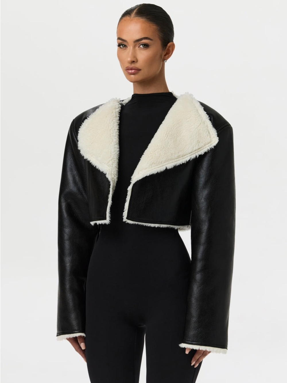 NWT Vegan Black Leather Sherpa Cropped Jacket Naked Wardrobe Size XS